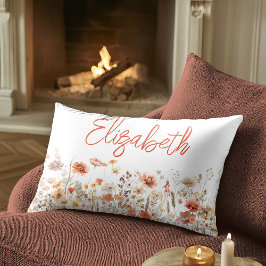 オレンジ色の水彩ワイルドフラワー ランバークッション