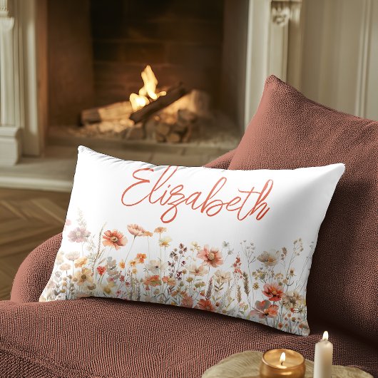 オレンジ色の水彩ワイルドフラワー ランバークッション