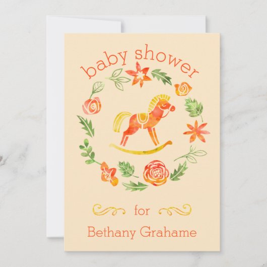 オレンジ色の水彩画のゆらゆら揺れる馬のベビーシャワー 招待状 (正面)
