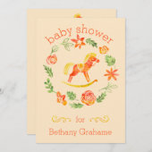 オレンジ色の水彩画のゆらゆら揺れる馬のベビーシャワー 招待状 (正面/裏面)