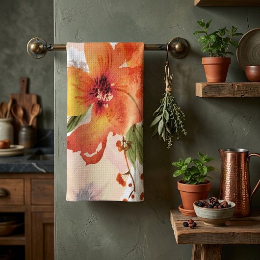 オレンジ色の水彩画の秋の花 キッチンタオル