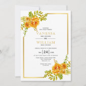 オレンジ色の水彩画の花と金のフレームのウェディング 招待状 (正面)