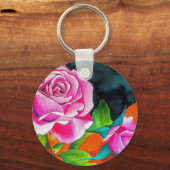 オレンジ色の水彩画を施したピンクローズ キーホルダー (正面)