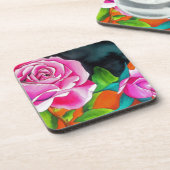 オレンジ色の水彩画を施したピンクローズ コースター (左側)