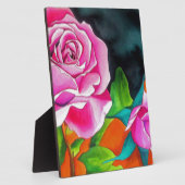 オレンジ色の水彩画を施したピンクローズ フォトプラーク (側面)