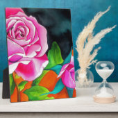 オレンジ色の水彩画を施したピンクローズ フォトプラーク (側面)