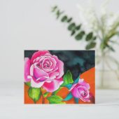 オレンジ色の水彩画を施したピンクローズ ポストカード (スタンド正面)