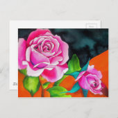 オレンジ色の水彩画を施したピンクローズ ポストカード (正面/裏面)
