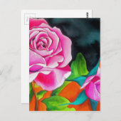 オレンジ色の水彩画を施したピンクローズ ポストカード (正面/裏面)
