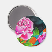 オレンジ色の水彩画を施したピンクローズ マグネット (正面/裏面)