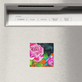 オレンジ色の水彩画を施したピンクローズ マグネット (インサイチュ (食洗機))