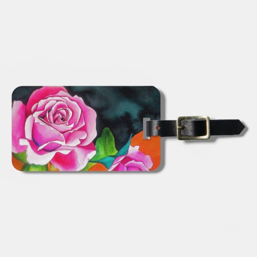 オレンジ色の水彩画を施したピンクローズ ラゲッジタグ (正面横)