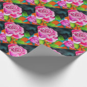 オレンジ色の水彩画を施したピンクローズ ラッピングペーパー (角)