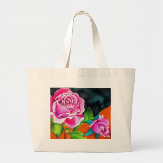 オレンジ色の水彩画を施したピンクローズ ラージトートバッグ (正面)