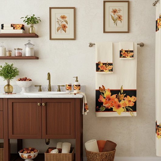 オレンジ色の水彩秋の花 バスタオルセット