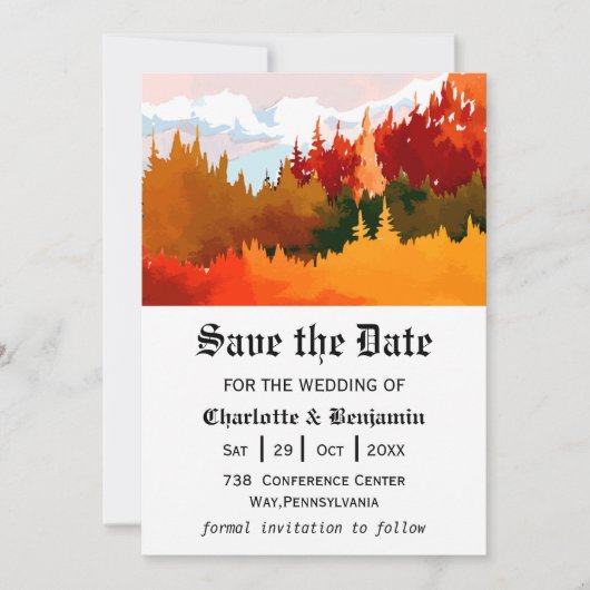 オレンジ色の水彩秋の風景の日付を保存 セーブザデート (正面)