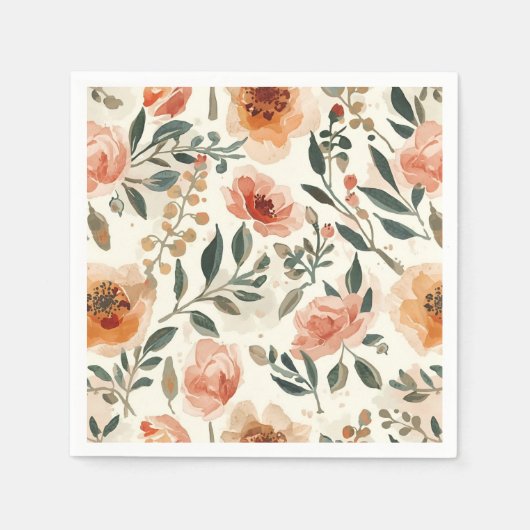 オレンジ色の水彩花の植物画 スタンダードカクテルナプキン (正面)