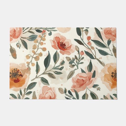 オレンジ色の水彩花の植物画 ドアマット (正面)