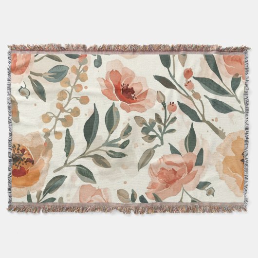 オレンジ色の水彩花植物画 スローブランケット (正面)