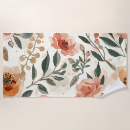 オレンジ色の水彩花植物画 ビーチタオル