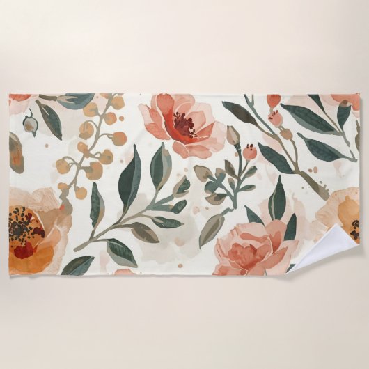 オレンジ色の水彩花植物画 ビーチタオル (正面)