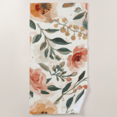 オレンジ色の水彩花植物画 ビーチタオル (正面)