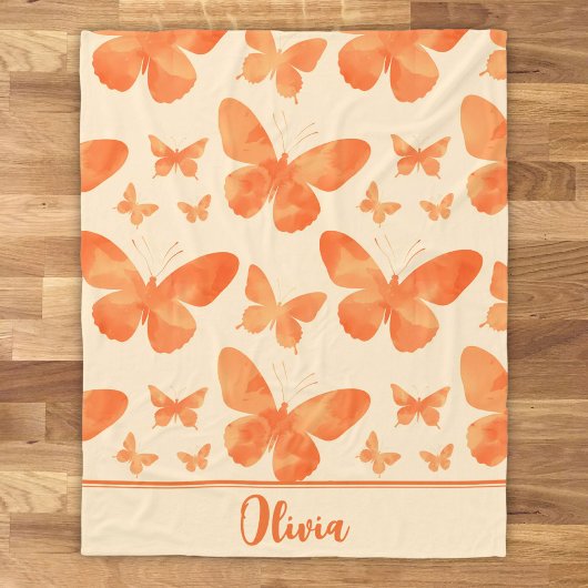 オレンジ色の水彩蝶 フリースブランケット