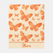 オレンジ色の水彩蝶 フリースブランケット (正面)