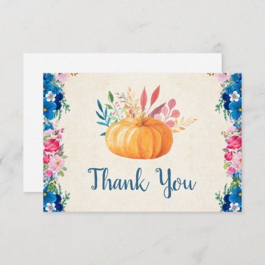 オレンジ色の水色のカボチャと花ありがとう サンキューカード (正面/裏面)