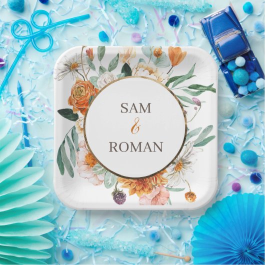 オレンジ色の水色のフローラ結婚の ペーパープレート (パーティー)