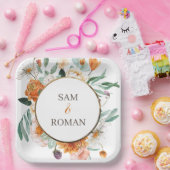 オレンジ色の水色のフローラ結婚の ペーパープレート (パーティー)