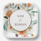 オレンジ色の水色のフローラ結婚の ペーパープレート (正面)