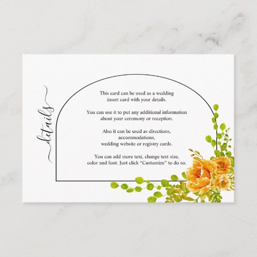 オレンジ色の水色の花とアーチ秋の結婚式 エンクロージャーカード (正面)