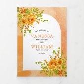 オレンジ色の水色の花とアーチ結婚フローラ 三つ折り招待状 (カバー)