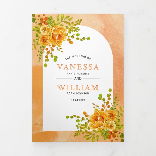 オレンジ色の水色の花とアーチ結婚フローラ 三つ折り招待状 (カバー)
