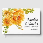 オレンジ色の水色の花とタイポグラフィ結婚の ゲストブック (正面)