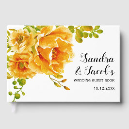 オレンジ色の水色の花とタイポグラフィ結婚の ゲストブック