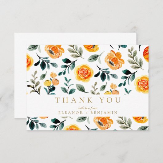 オレンジ色の水色の花カスタムウェディング サンキューカード (正面/裏面)