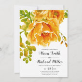 オレンジ色の水色の花タイポグラフィ結婚の 招待状 (正面)