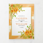 オレンジ色の水色の花フローラボホ秋の結婚式 三つ折り招待状 (カバー)