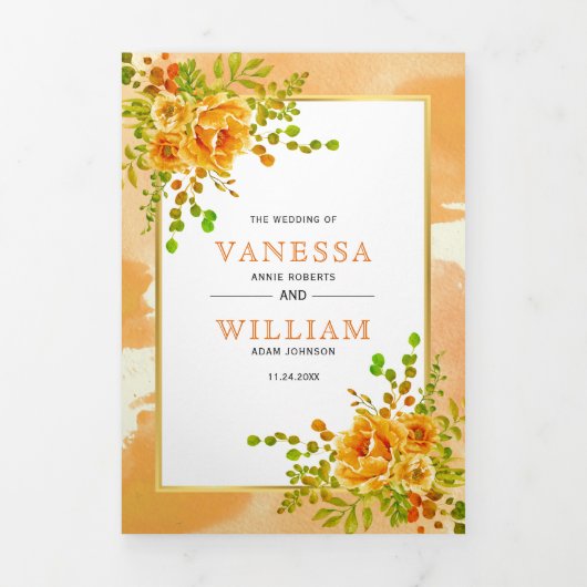 オレンジ色の水色の花フローラボホ秋の結婚式 三つ折り招待状 (カバー)