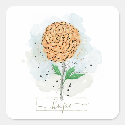 オレンジ色の水色の花ホープ正方形ステッカー スクエアシール (正面)
