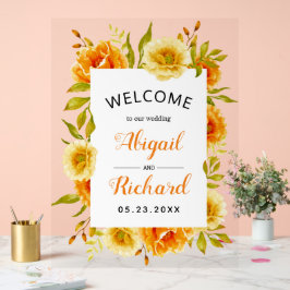 オレンジ色の水色の花結婚の歓迎 アクリルサイン