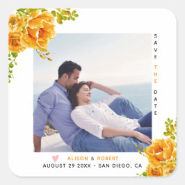 オレンジ色の水色の花、葉緑の花と写真 スクエアシール