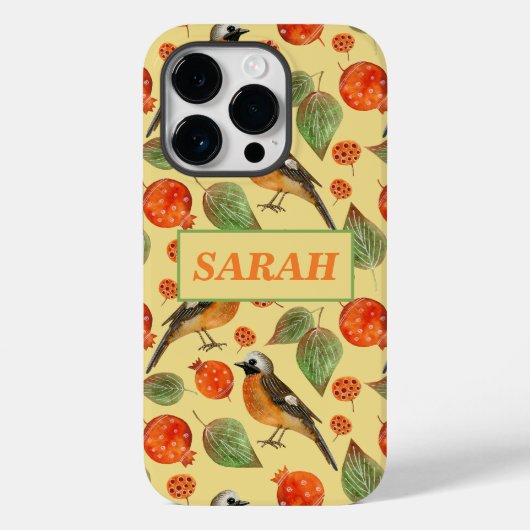 オレンジ色の水色の鳥とザクロのパターン Case-Mate iPhoneケース (裏面)