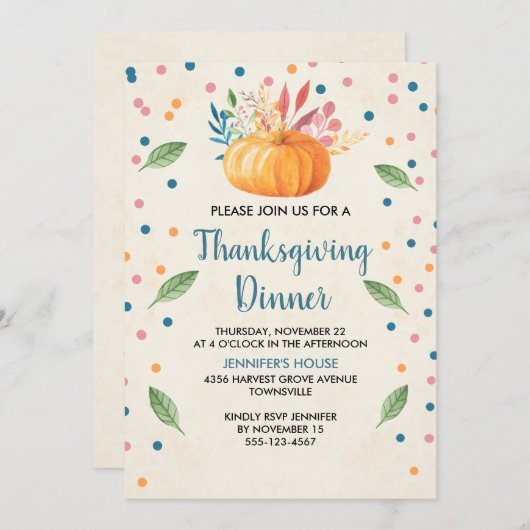 オレンジ色の水色カボチャ感謝祭ディナー 招待状 (正面/裏面)