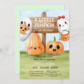 オレンジ色の水色カボチャ赤ちゃんシャワー 招待状 (正面/裏面)