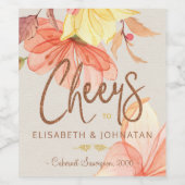 オレンジ色の水色フローラタイポグラフィ結婚応援 ワインラベル (シングルラベル)