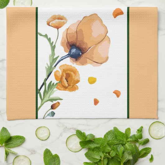 オレンジ色の水色ポピー キッチンタオル (折り畳み)