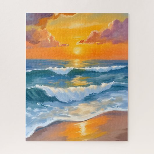 オレンジ色の海の夕焼け 水彩画 海の波 絵画 ジグソーパズル (縦)